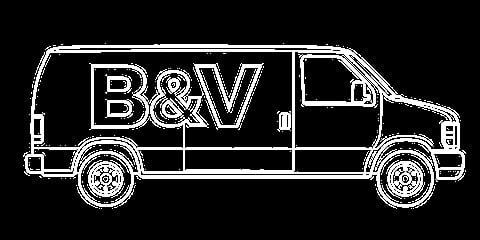White line drawing of a B&V delivery van shown in profile view against a black background